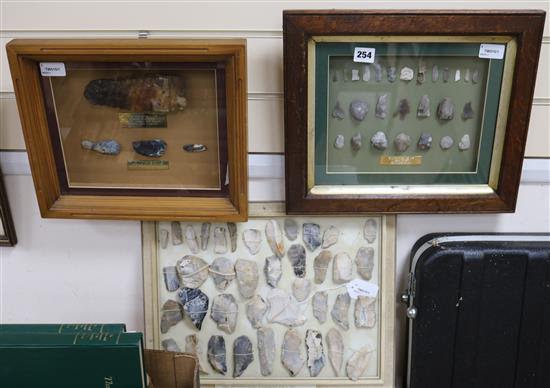A framed display of 27 Neolithic - Bronze Age flints, Wykeham Forest, near Scarborough and three other displays,